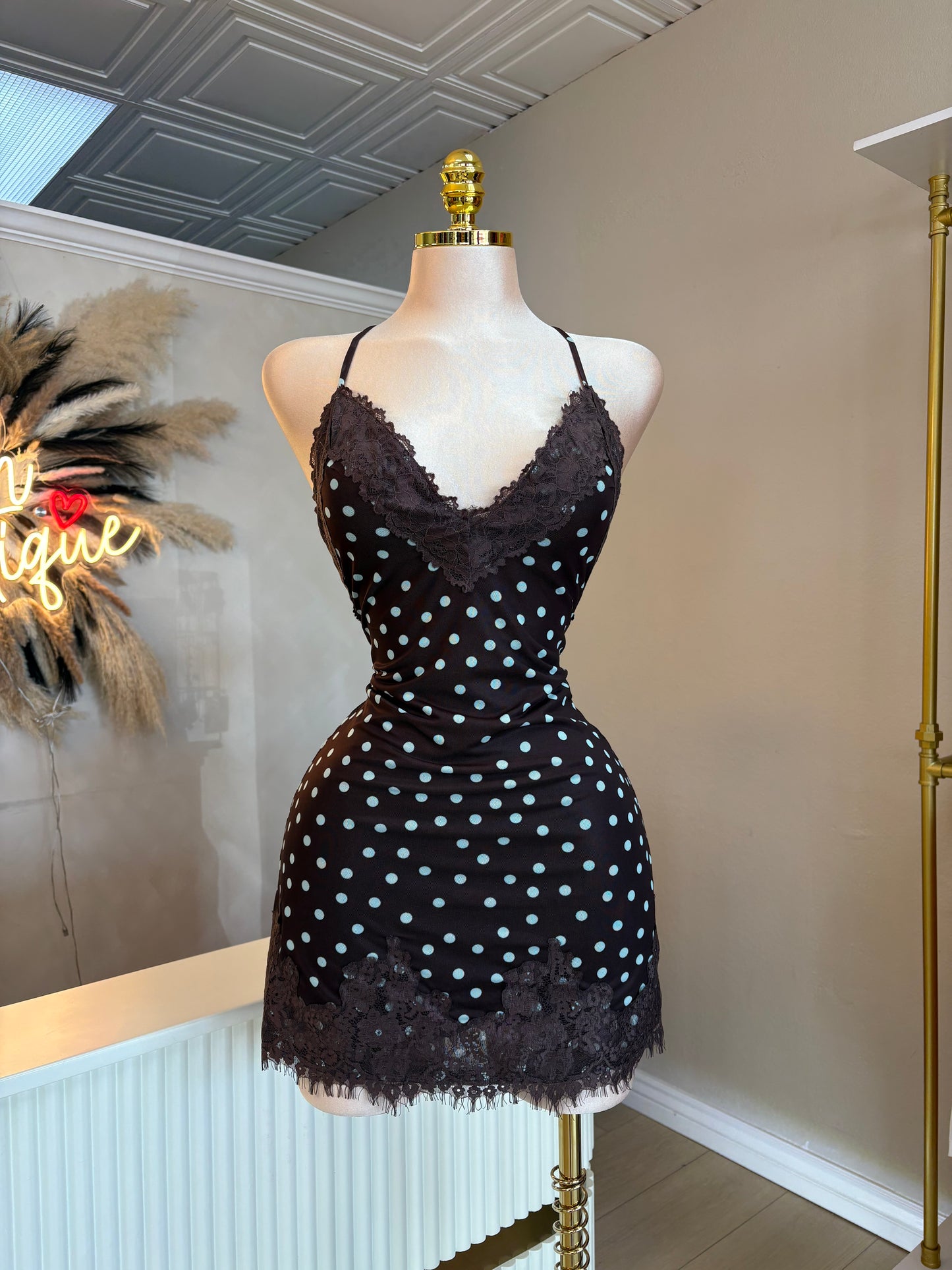 Brown/blue polka dot dress