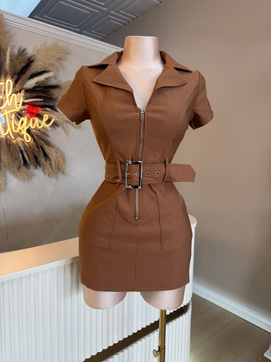 Camel zip up belt dress