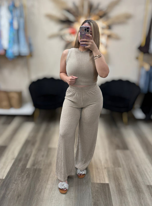Crinkle wide leg pant set (beige)