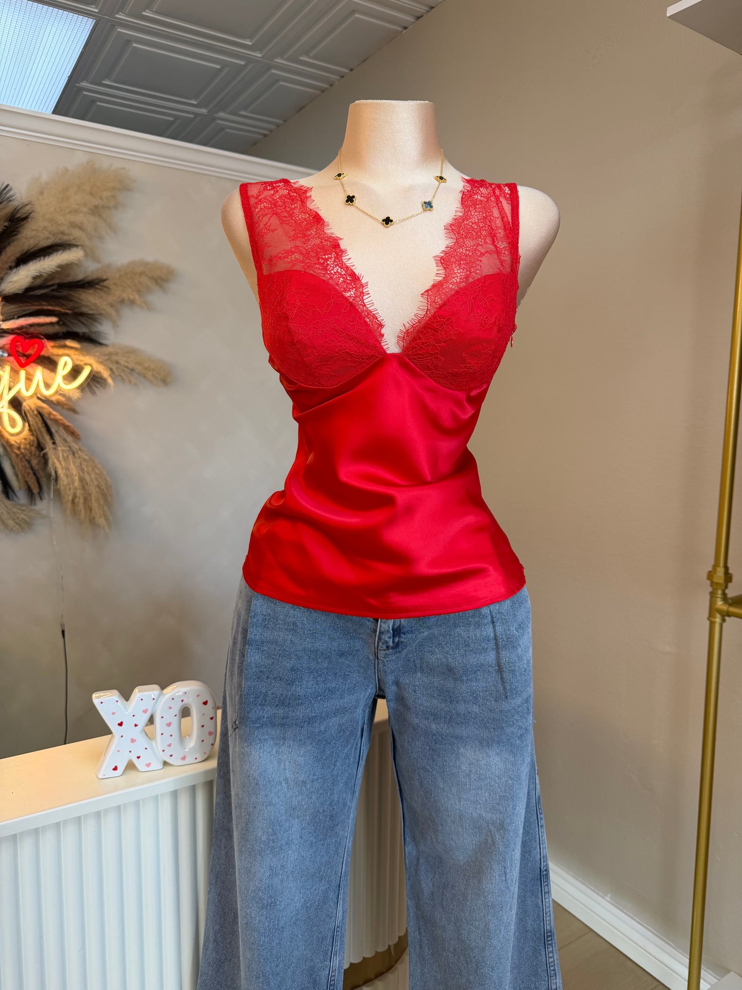 Satin lace top (red)