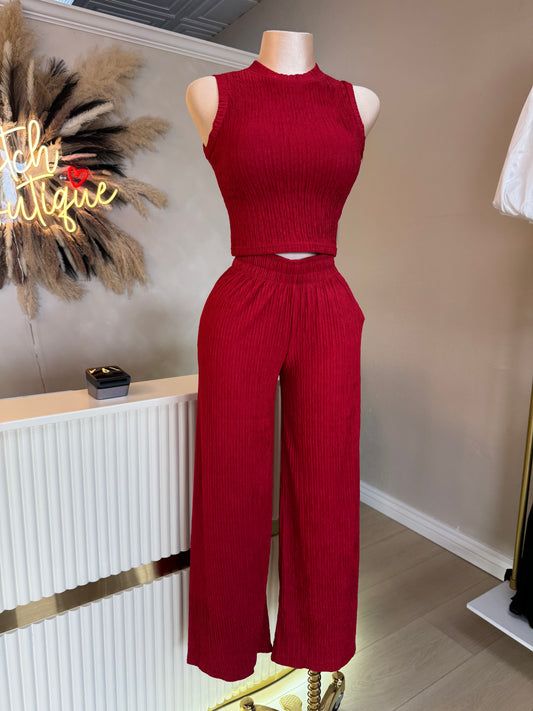 Crinkle wide leg pant set (Berry red)