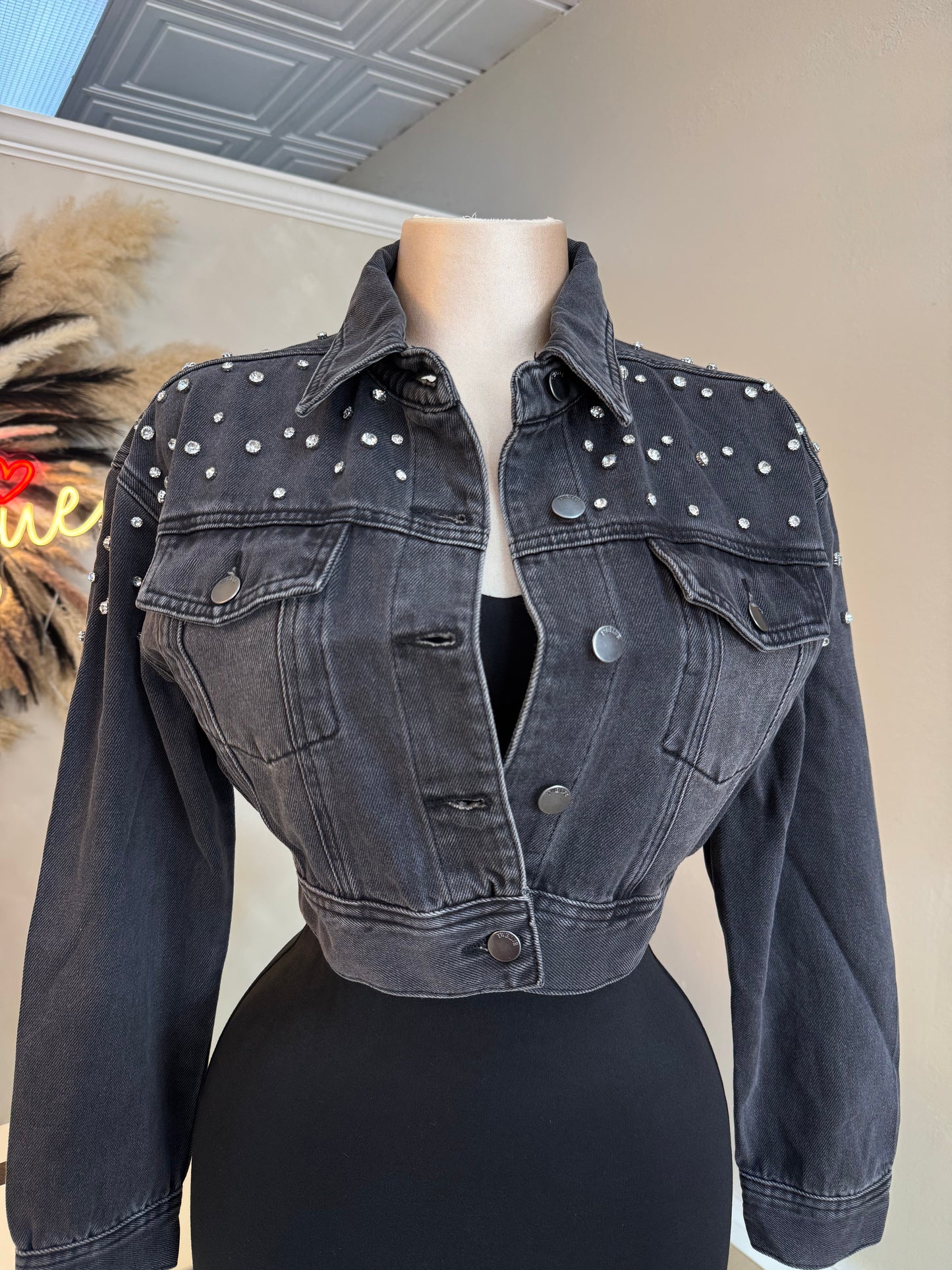 Denim rhinestone cropped jacket
