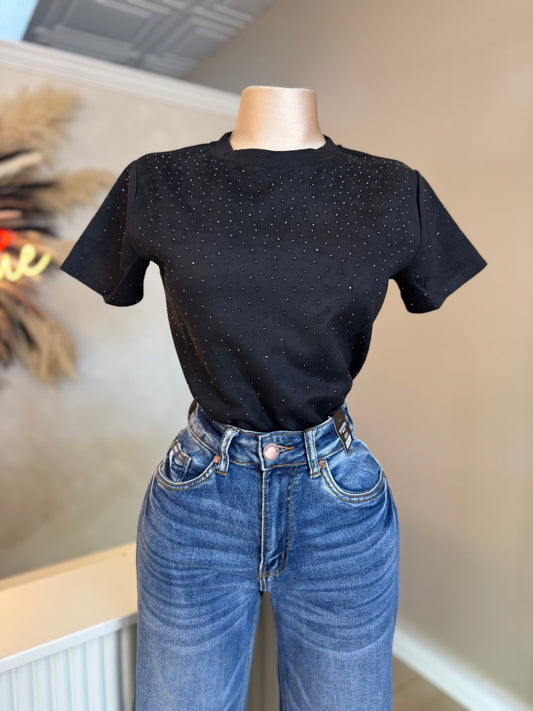 Black suede rhinestone tee