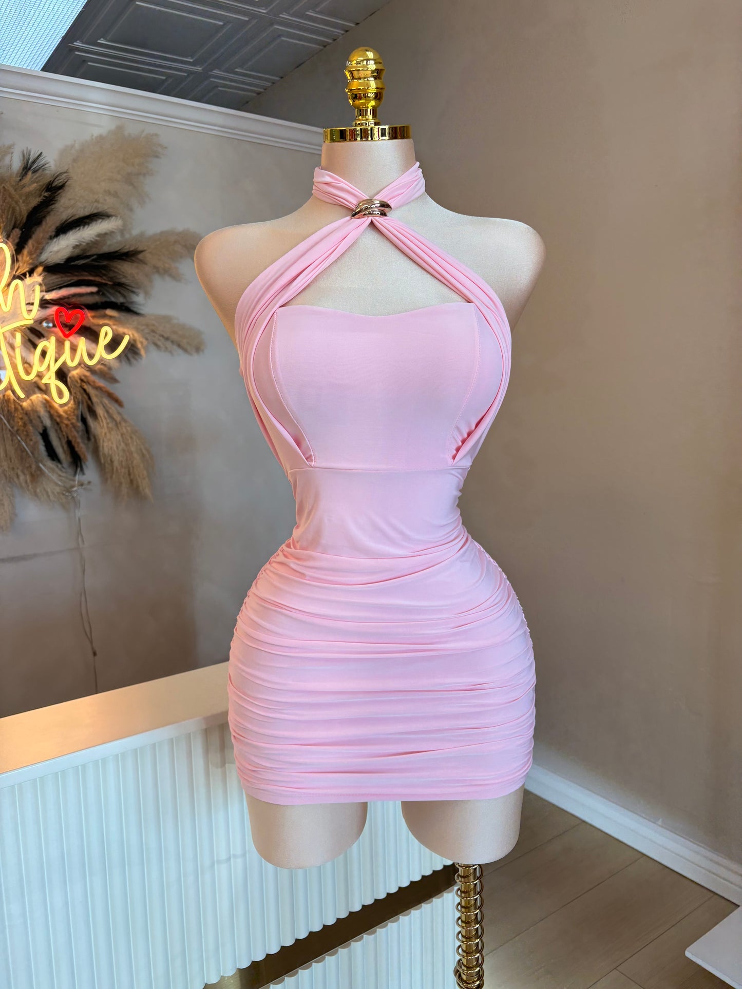 Pink halter gold detail dress