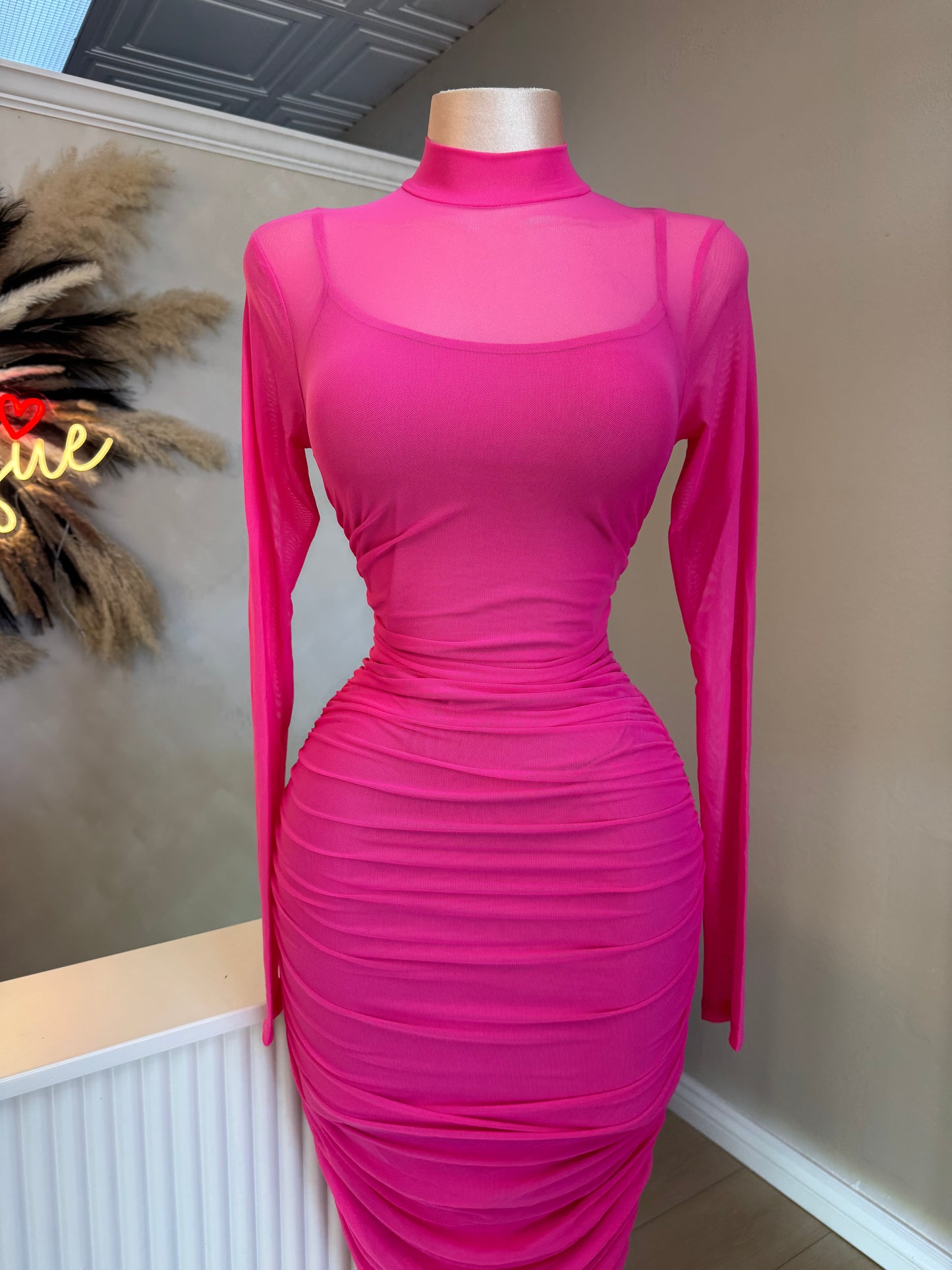 Pink mesh midi dress