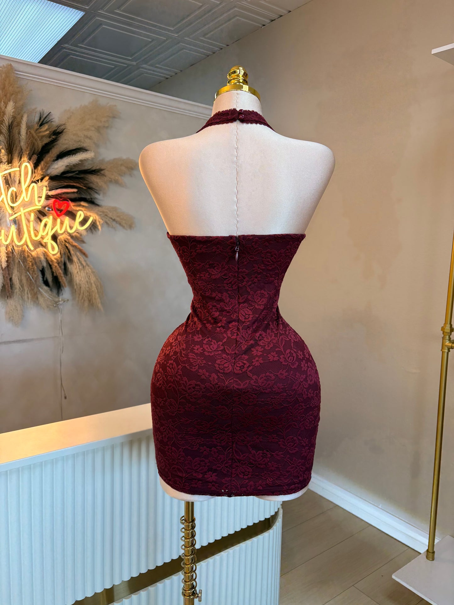 Burgundy lace halter dress