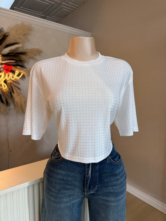 White rhinestone tee