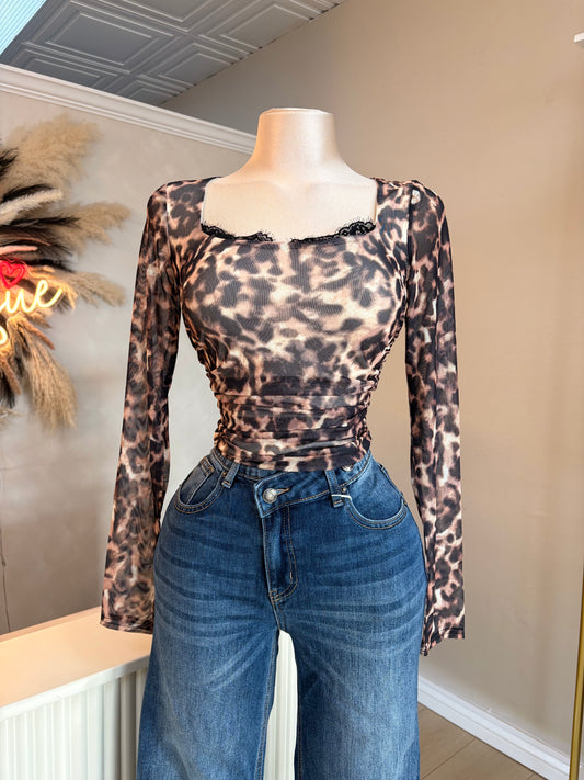 Animal print mesh long sleeve