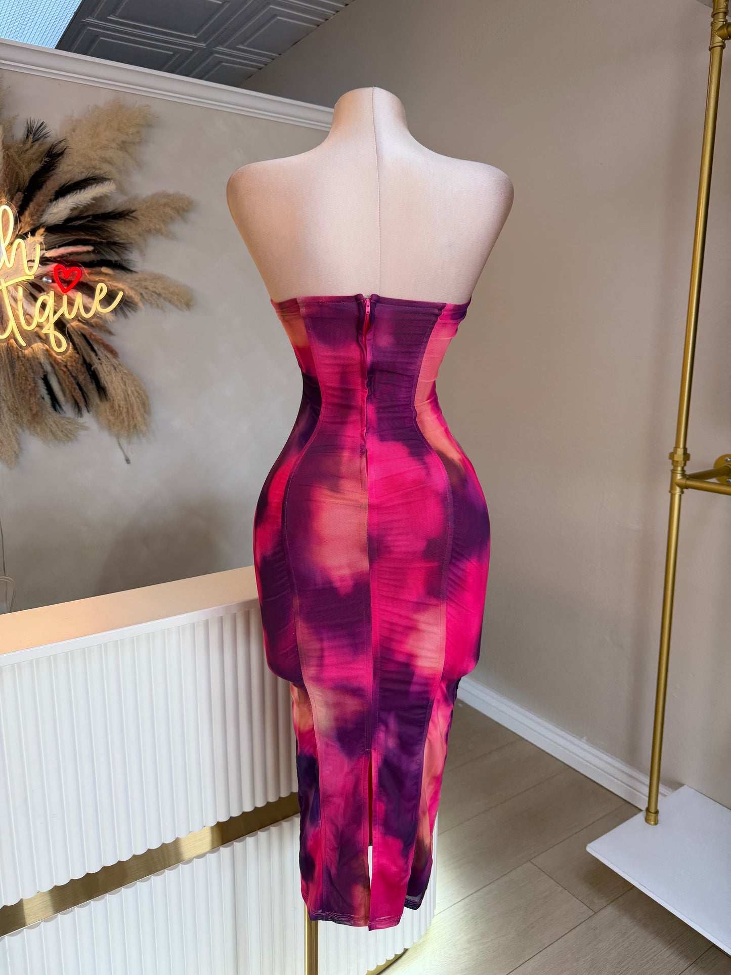 Magenta pink Strapless midi dress