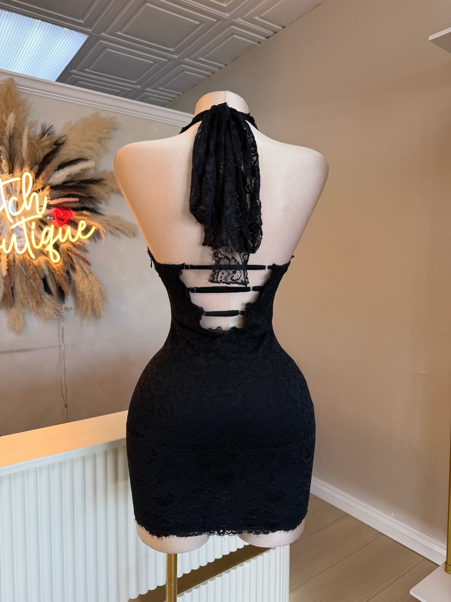 Black lace halter dress