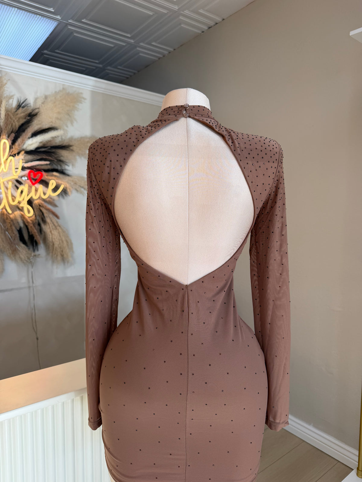 Elena mesh rhinestone mock neck dress (2 colors)