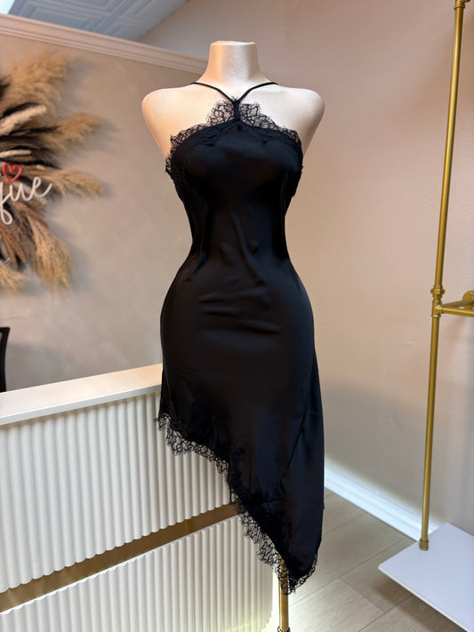 Black asymmetrical lace dress