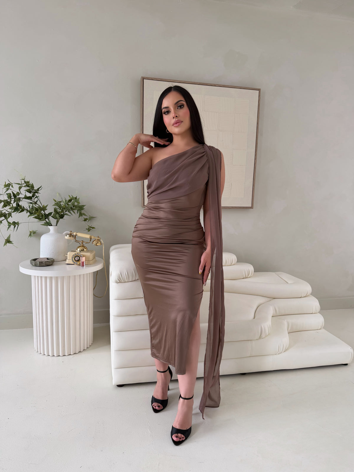 Side shoulder drape midi dress (2 colors)