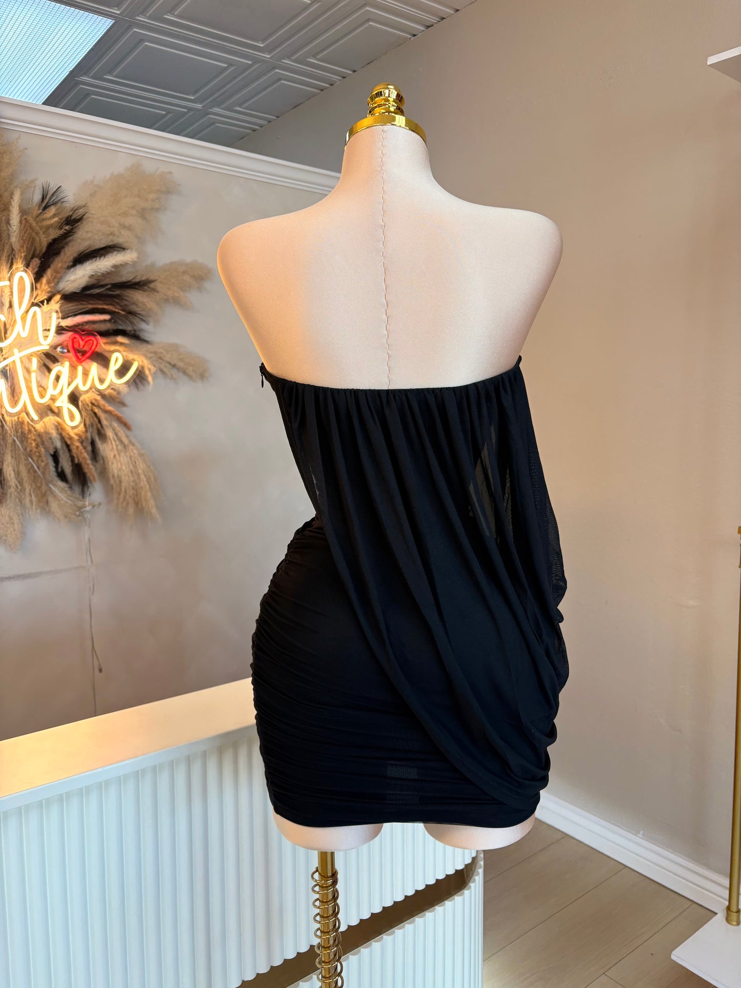 Black drape strapless dress
