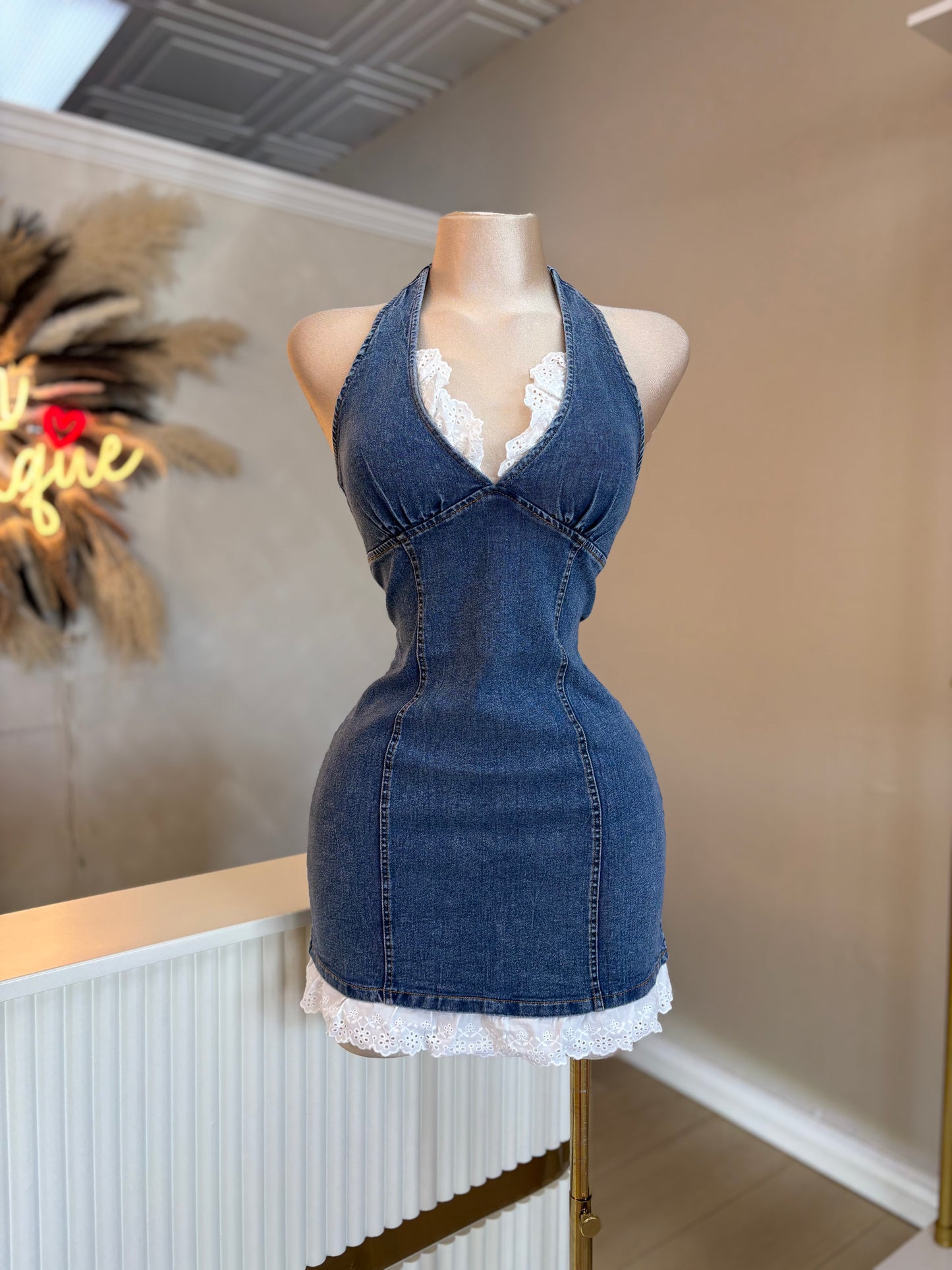 Denim lace trim dress