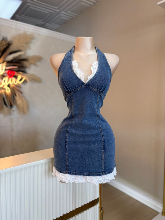 Denim lace trim dress