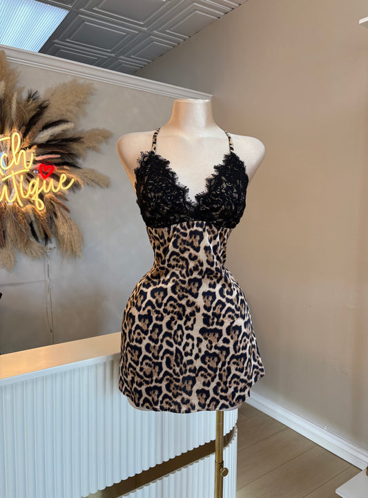 Satin lace leopard dress