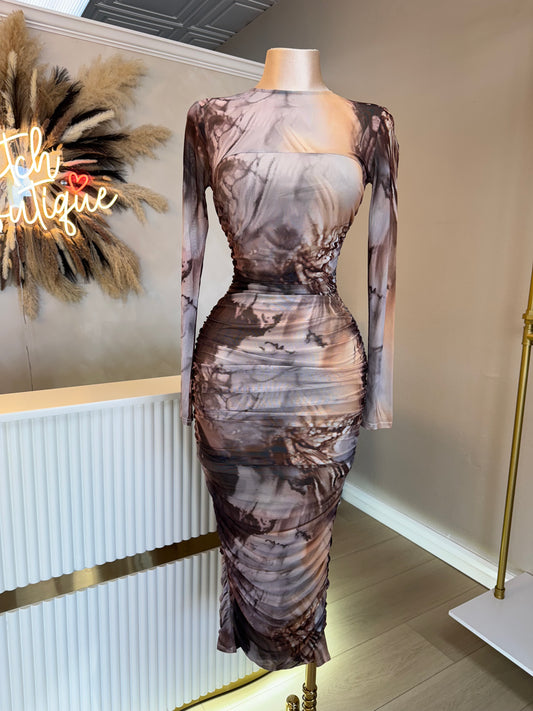Marble mesh long sleeve midi dress