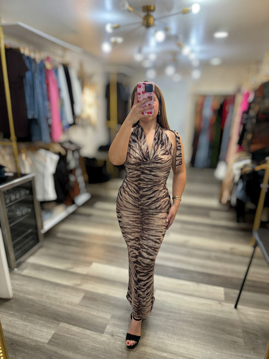 Zebra print mesh maxi dress