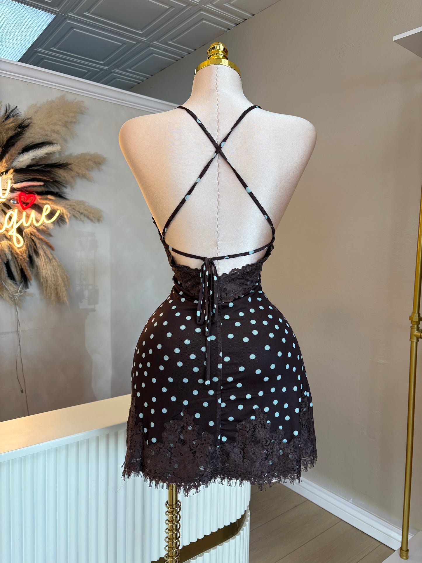 Brown/blue polka dot dress
