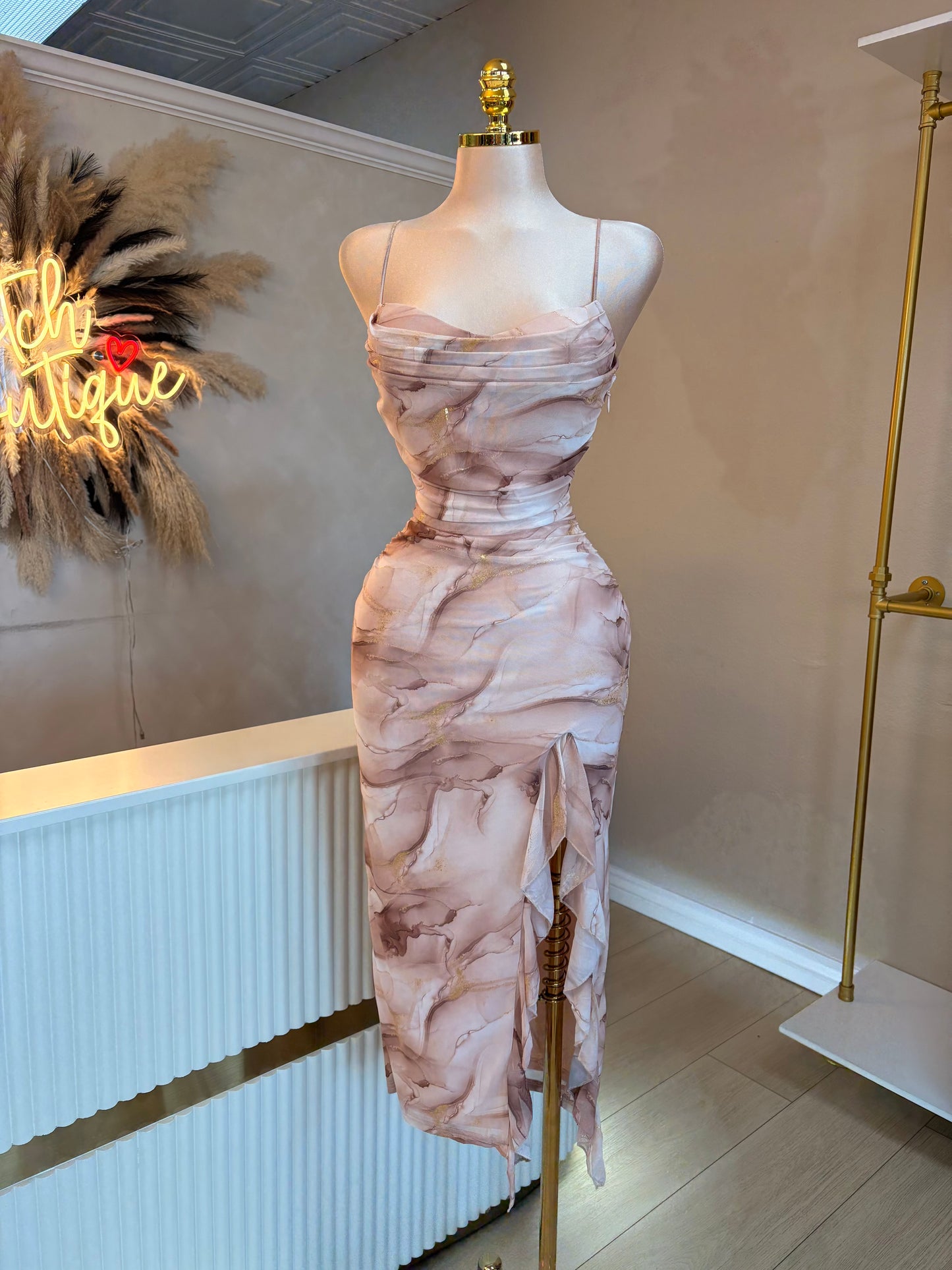 Marble mesh side slit midi dress
