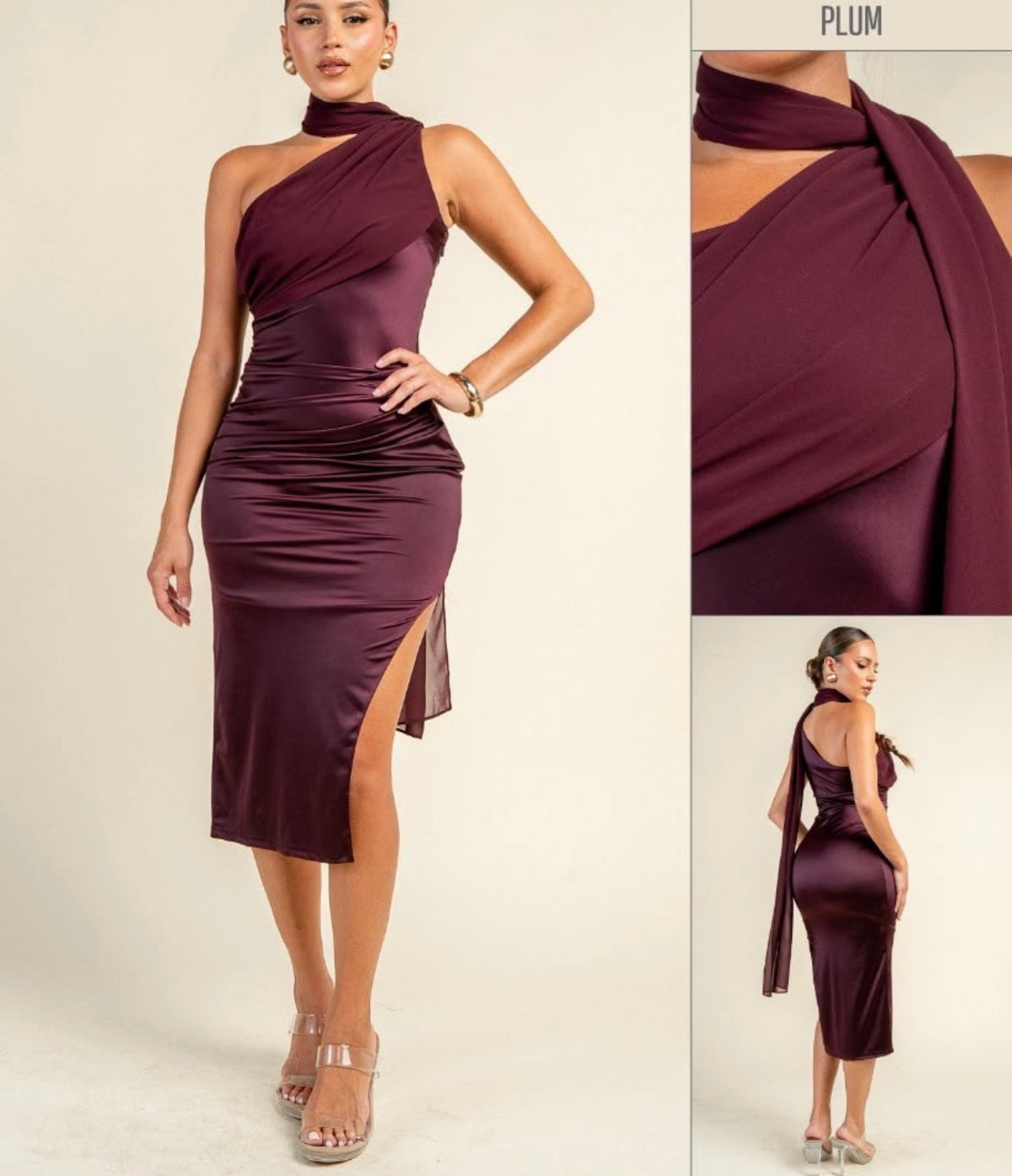 Side shoulder drape midi dress (2 colors)