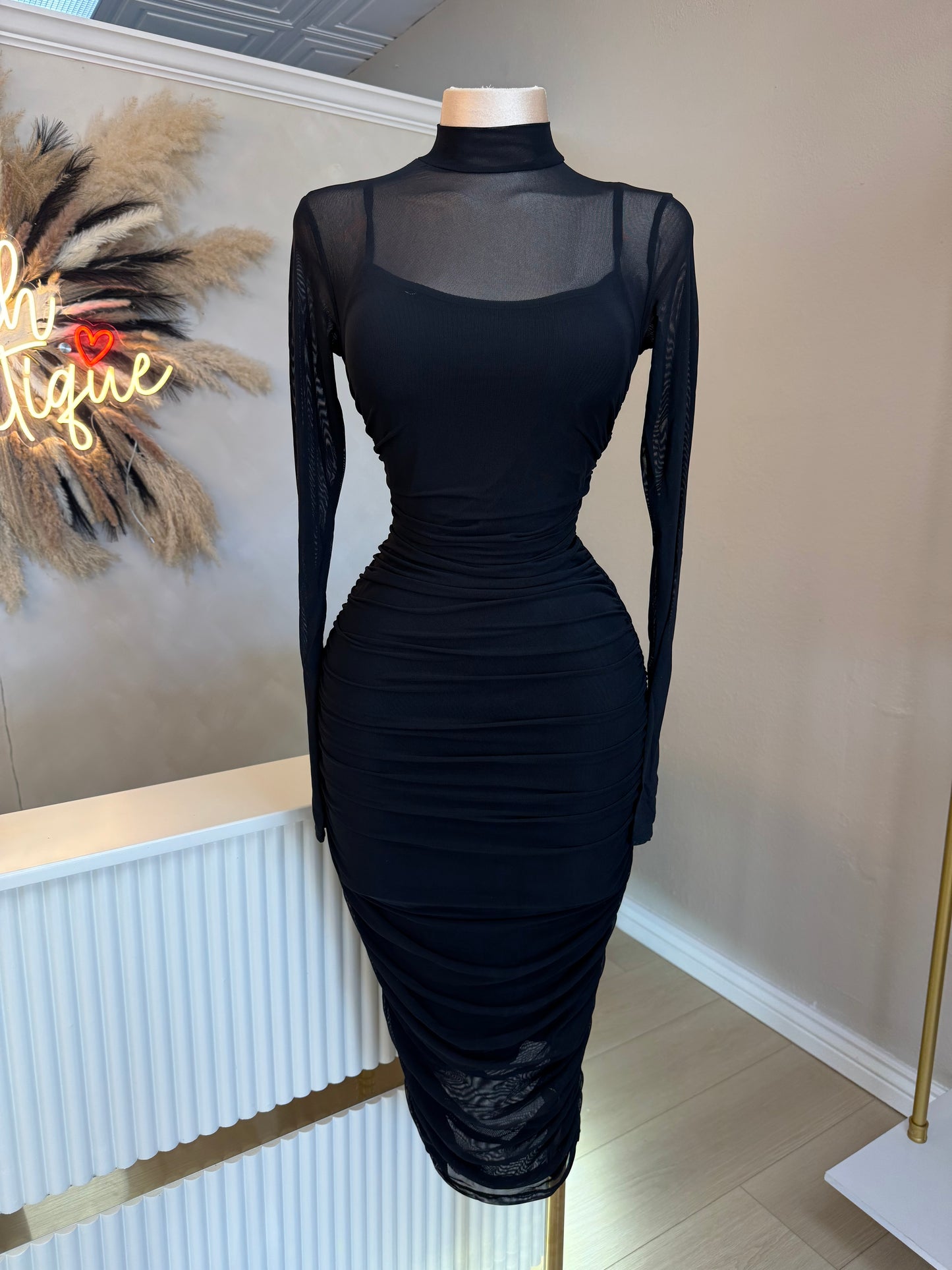 Black mesh midi dress