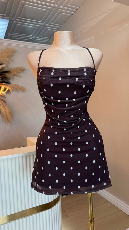 Brown polka dot mesh dress