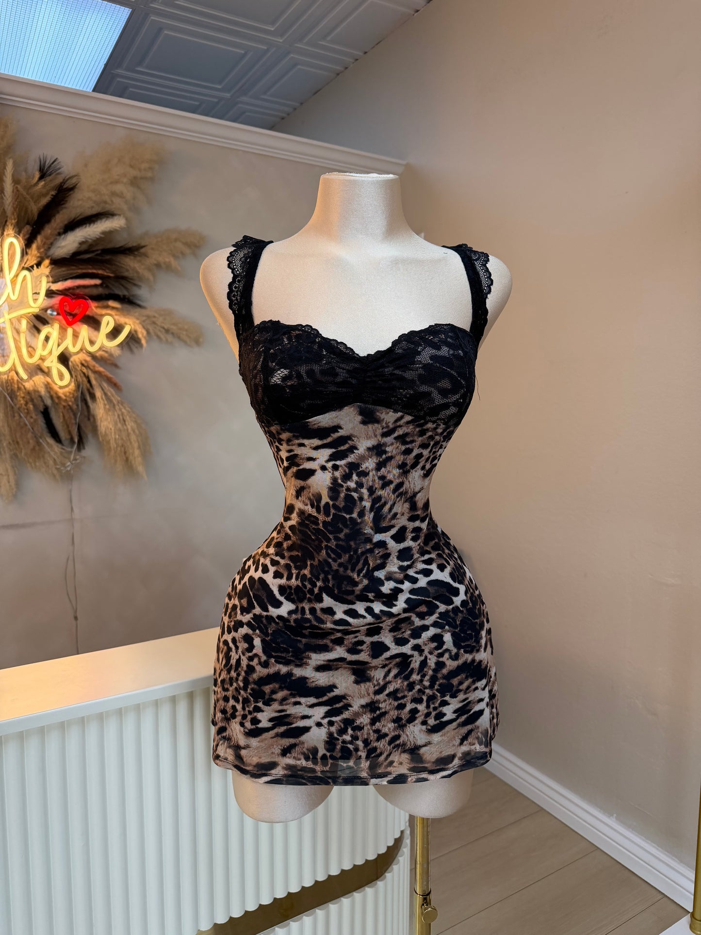 Animal print lace mesh dress