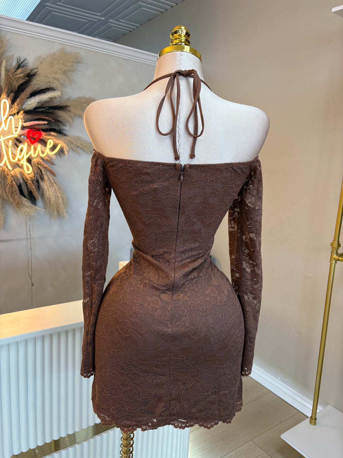 Off shoulder lace halter dress
