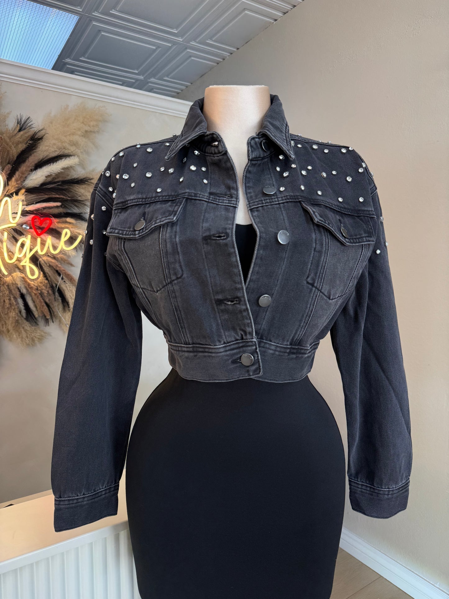 Denim rhinestone cropped jacket