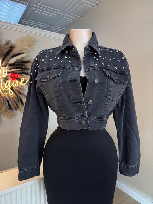 Denim rhinestone cropped jacket