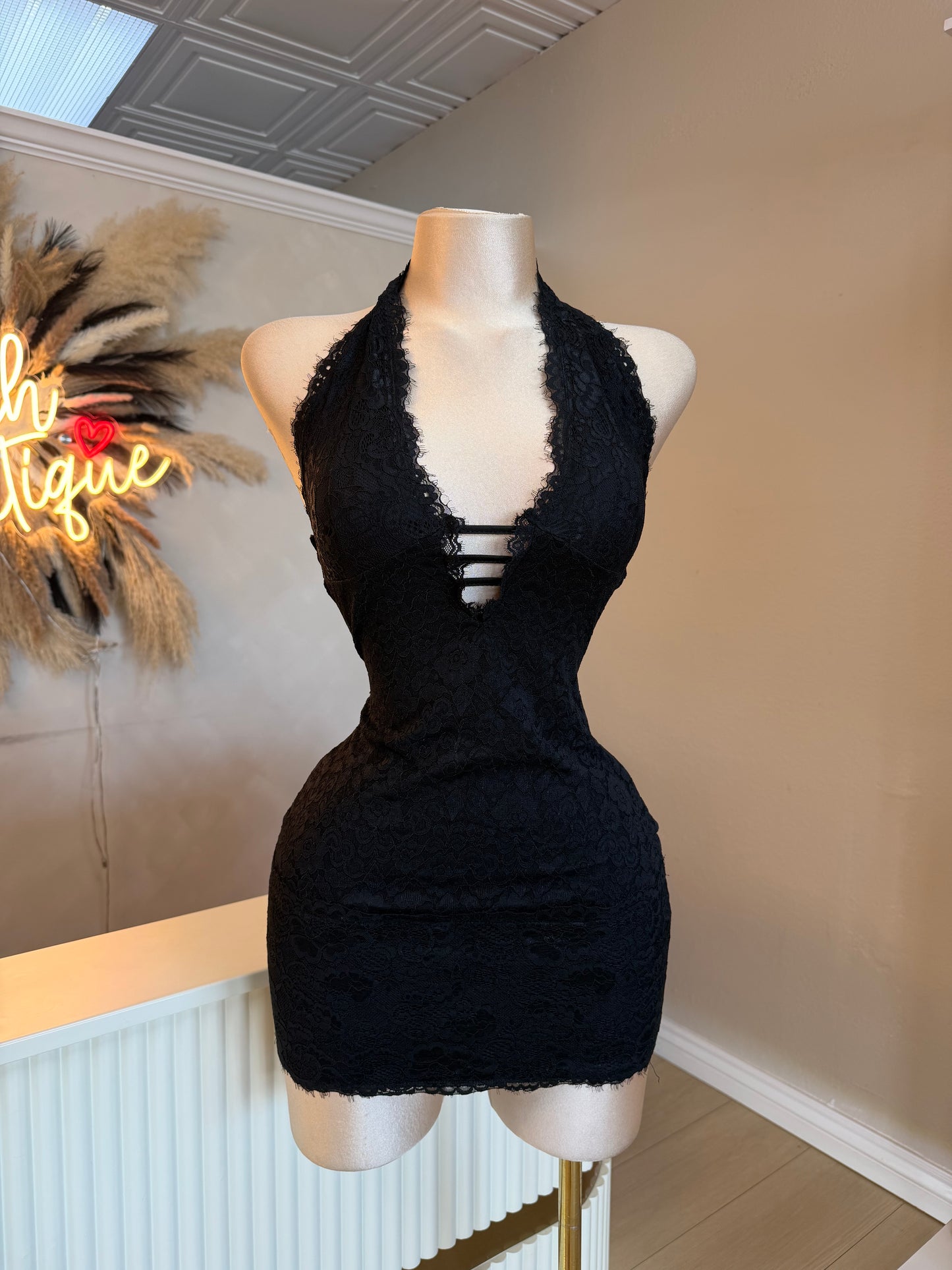 Black lace halter dress