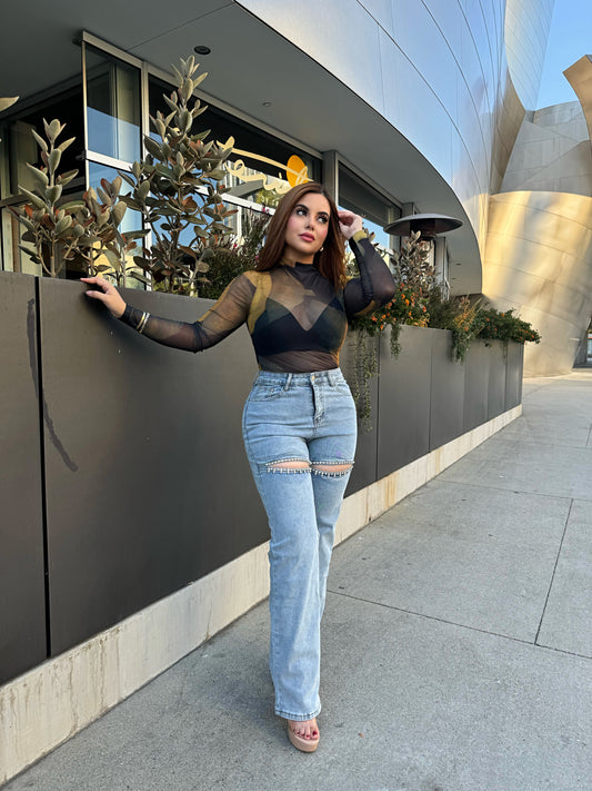 Rhinestone thigh slit jeans