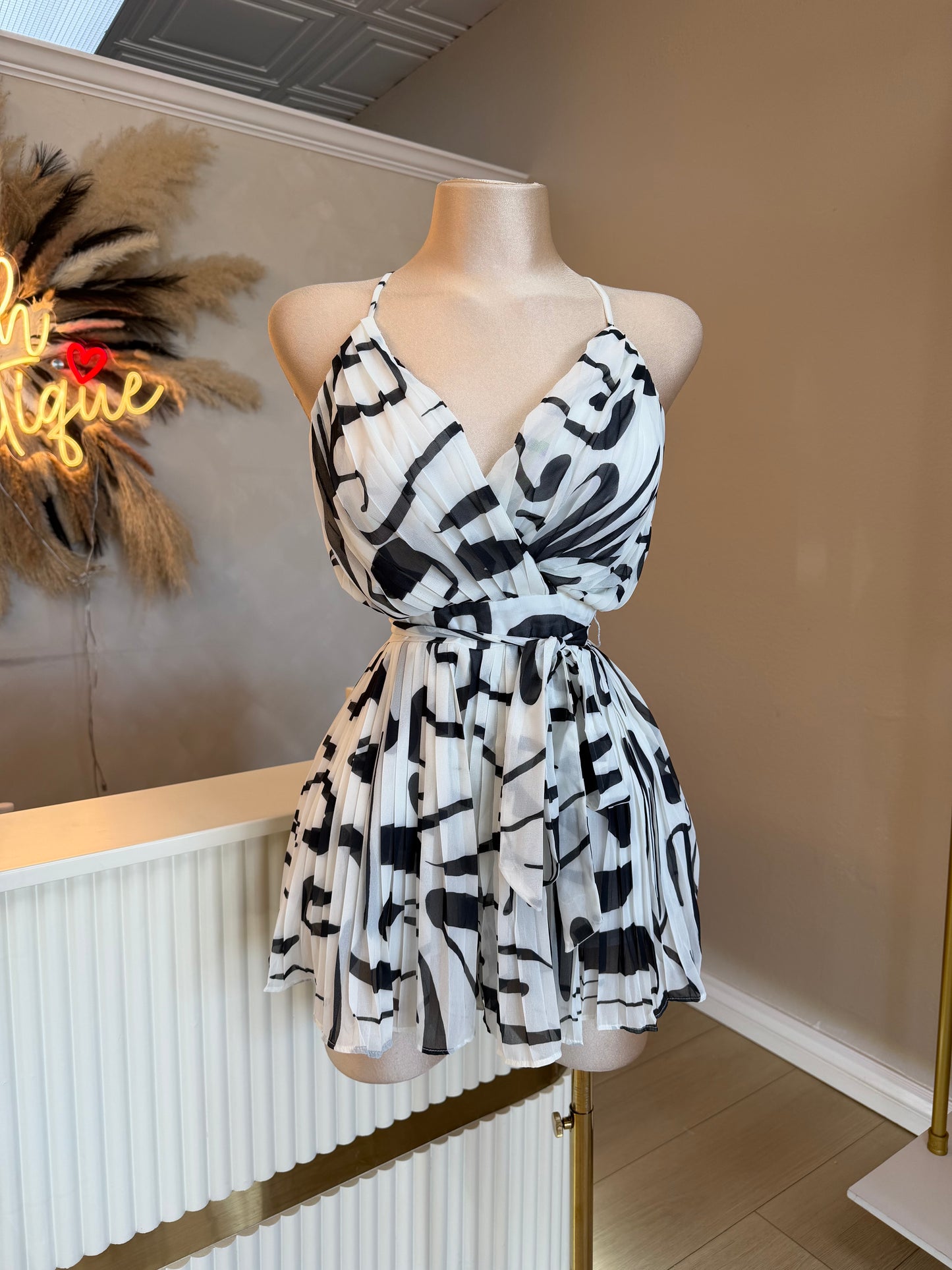 Black and white plisse romper