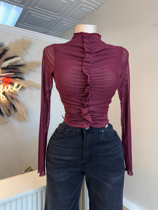Burgundy mesh rhinestone top