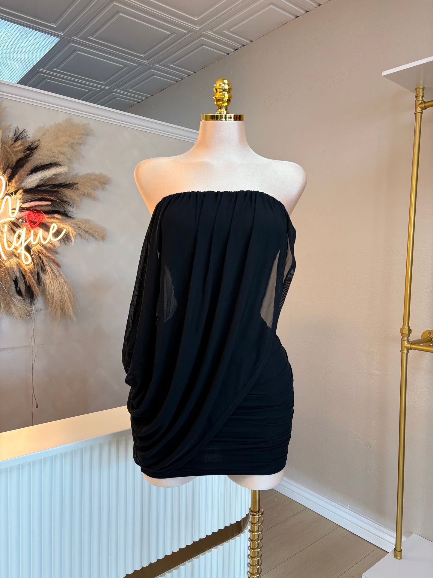 Black drape strapless dress
