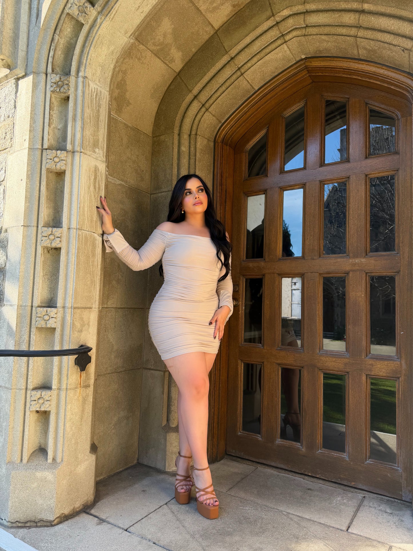 Ruched off shoulder dress