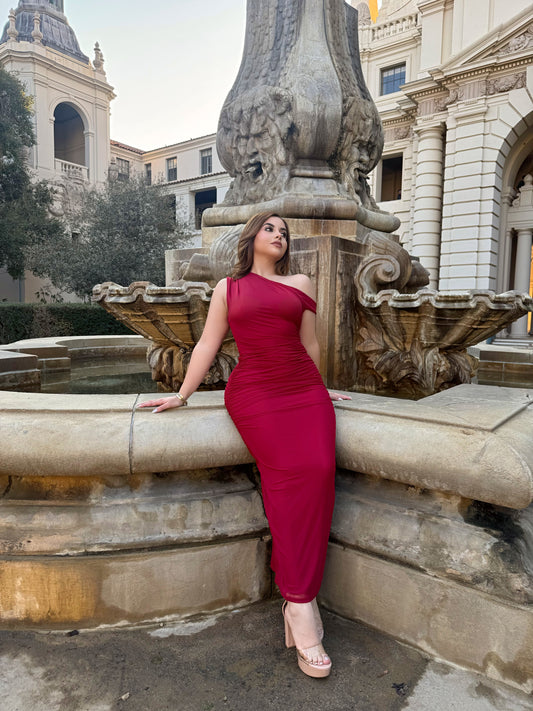 Off shoulder burgundy red dress
