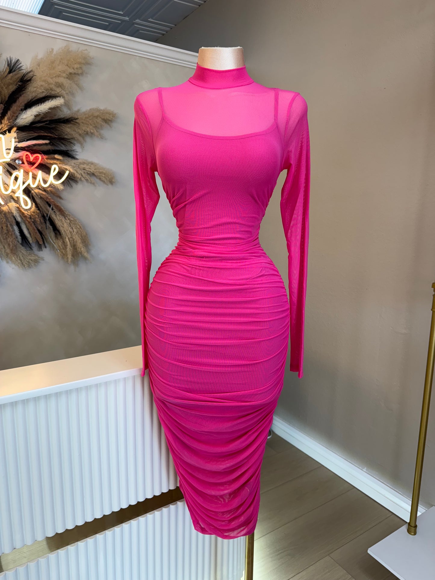 Pink mesh midi dress