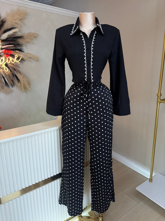 Polka dot satin pants (black)
