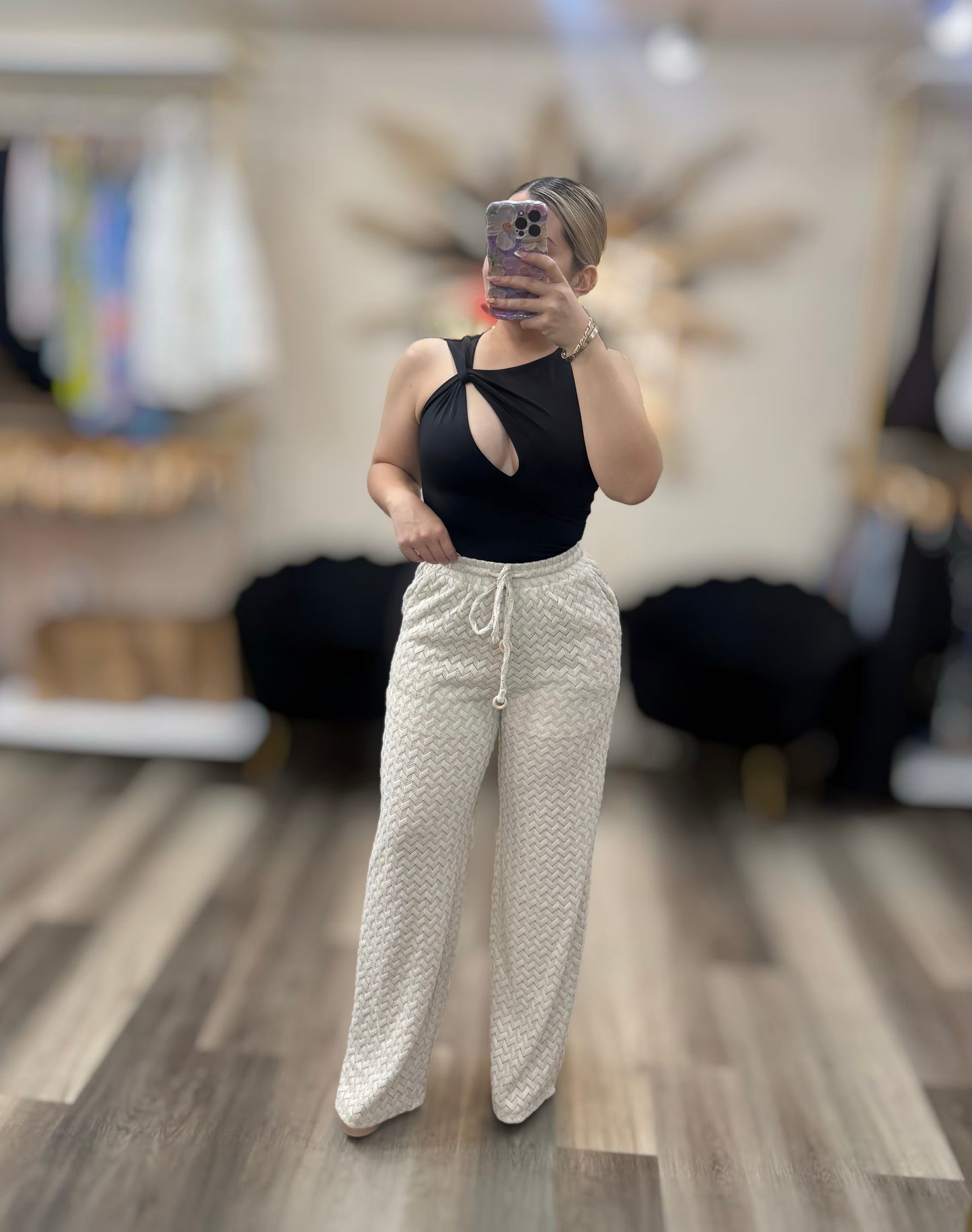 Beige woven straight cut pants