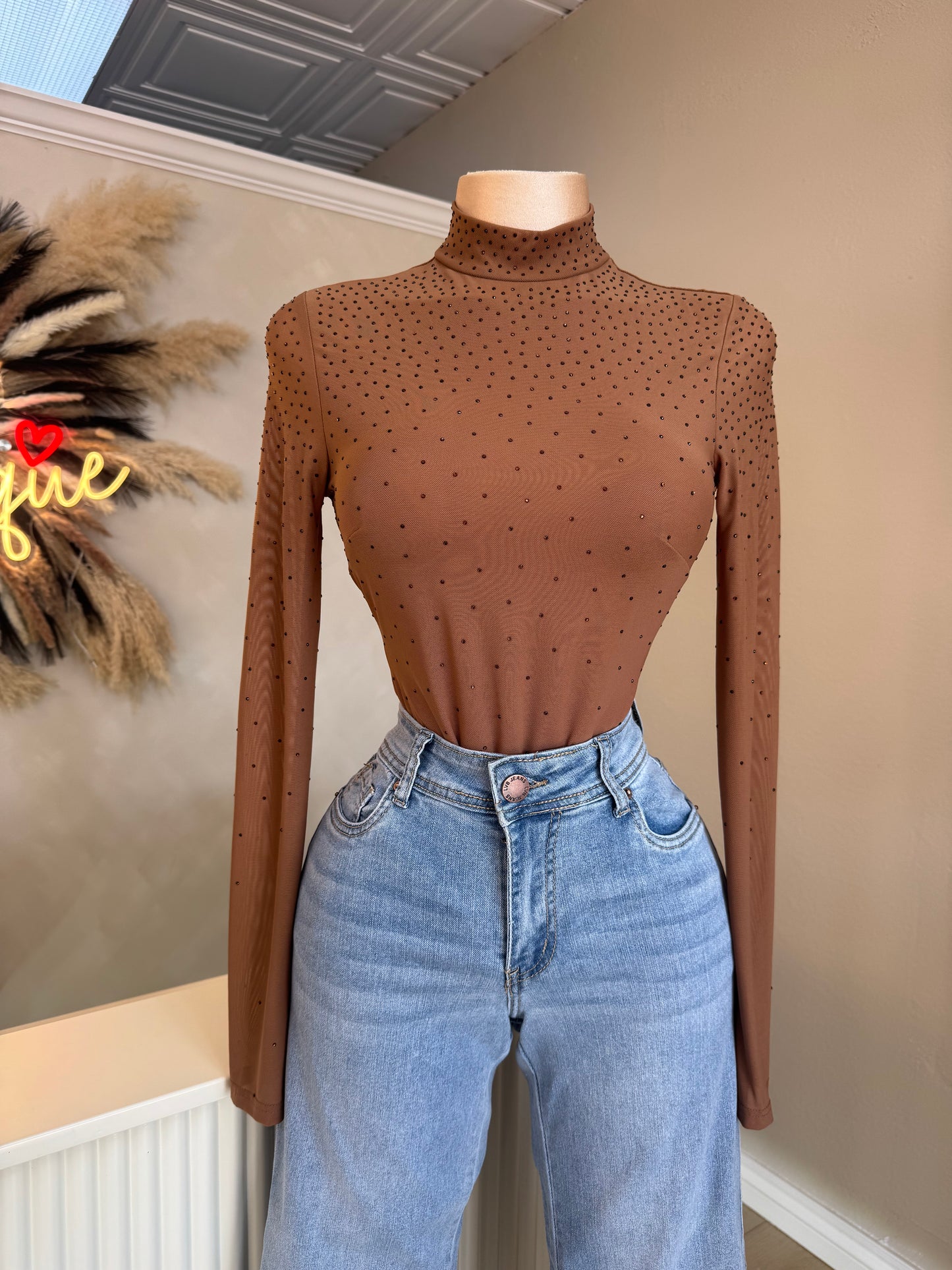 Rhinestone mocha mesh bodysuit