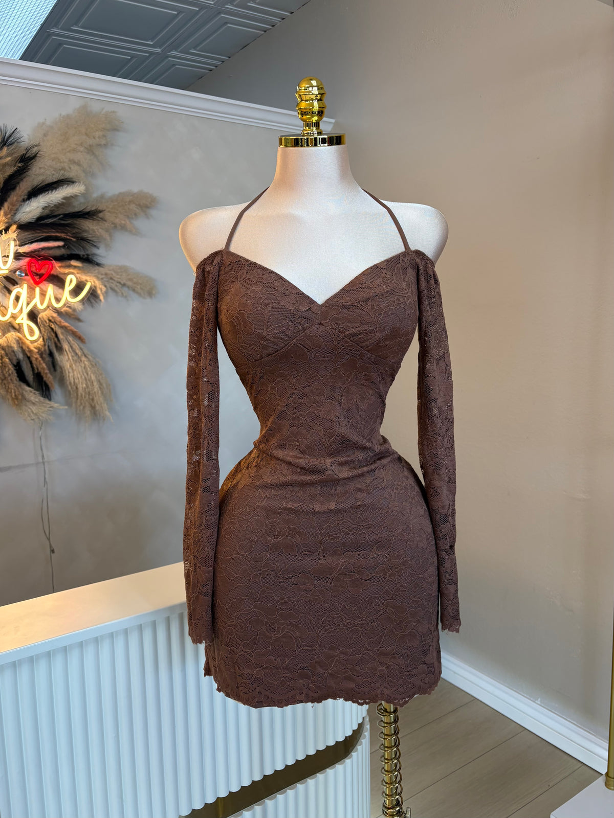 Off shoulder lace halter dress