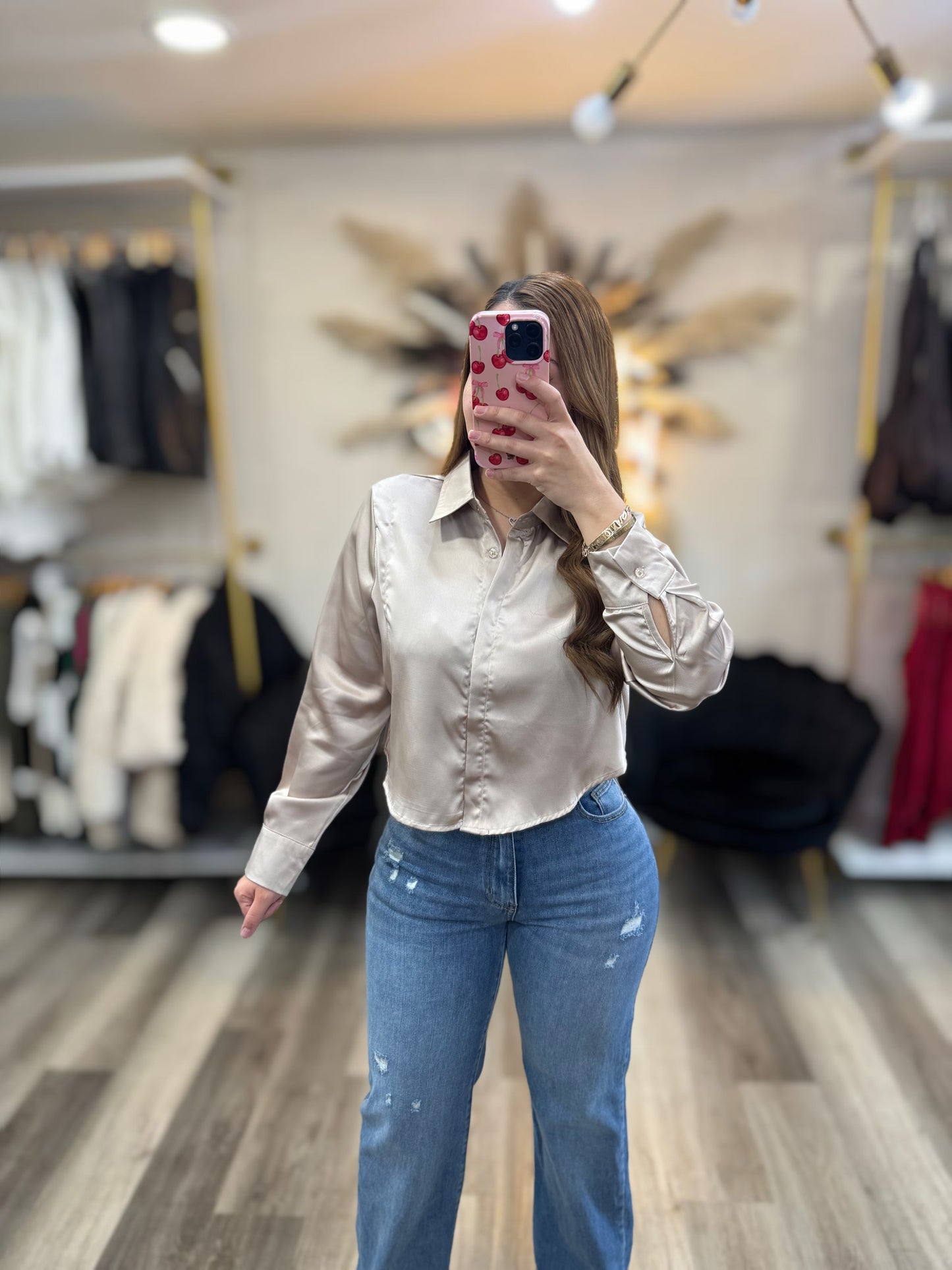 Beige satin button up blouse