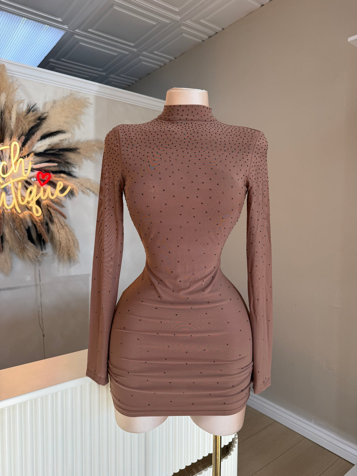 Elena mesh rhinestone mock neck dress (2 colors)