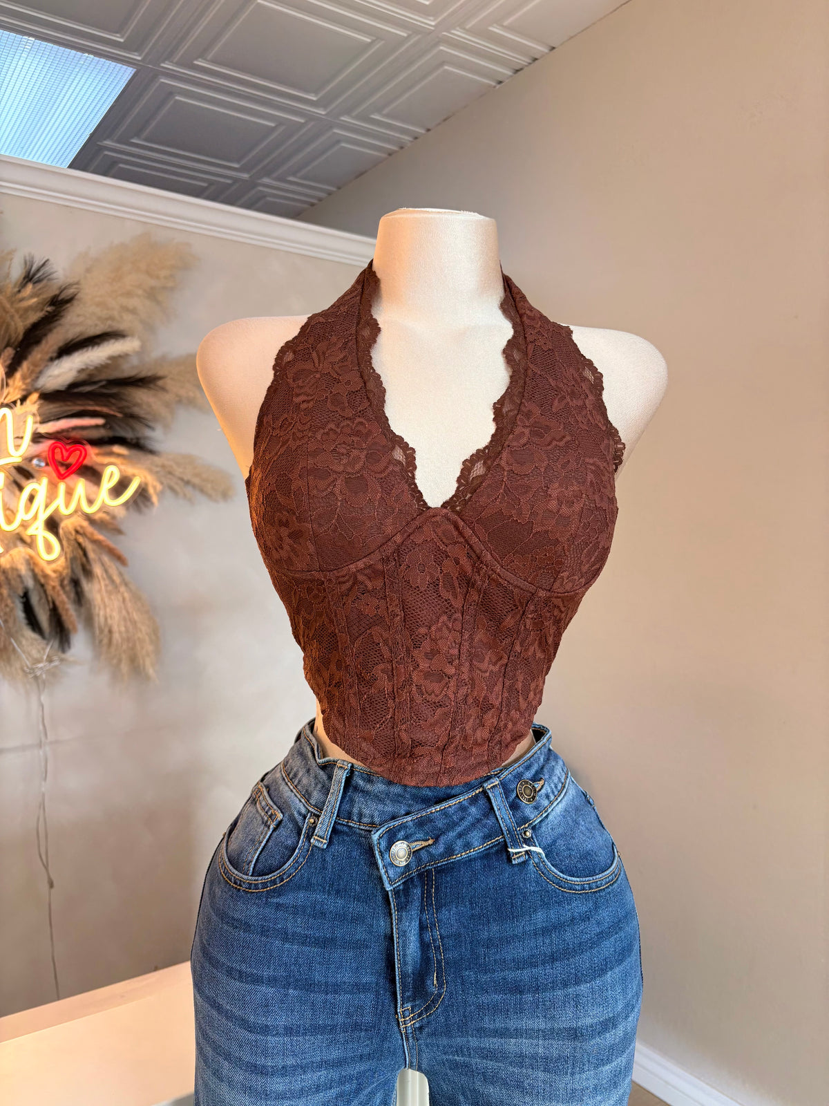 Rust lace halter top