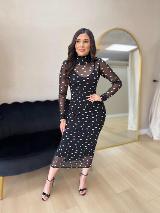 Polka dot mesh midi dress