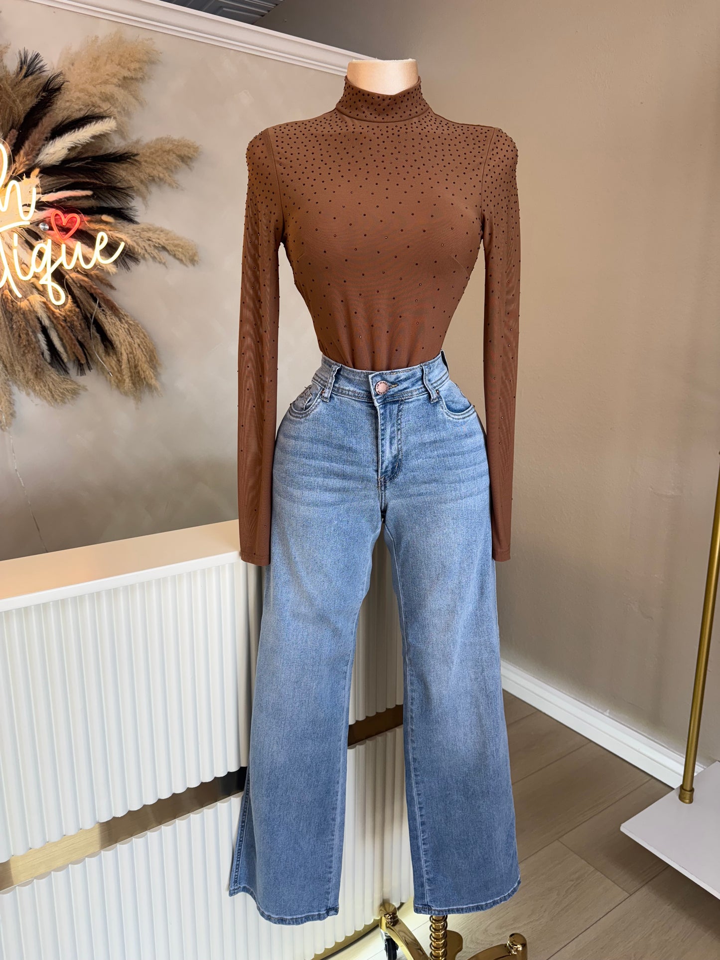 Rhinestone mocha mesh bodysuit