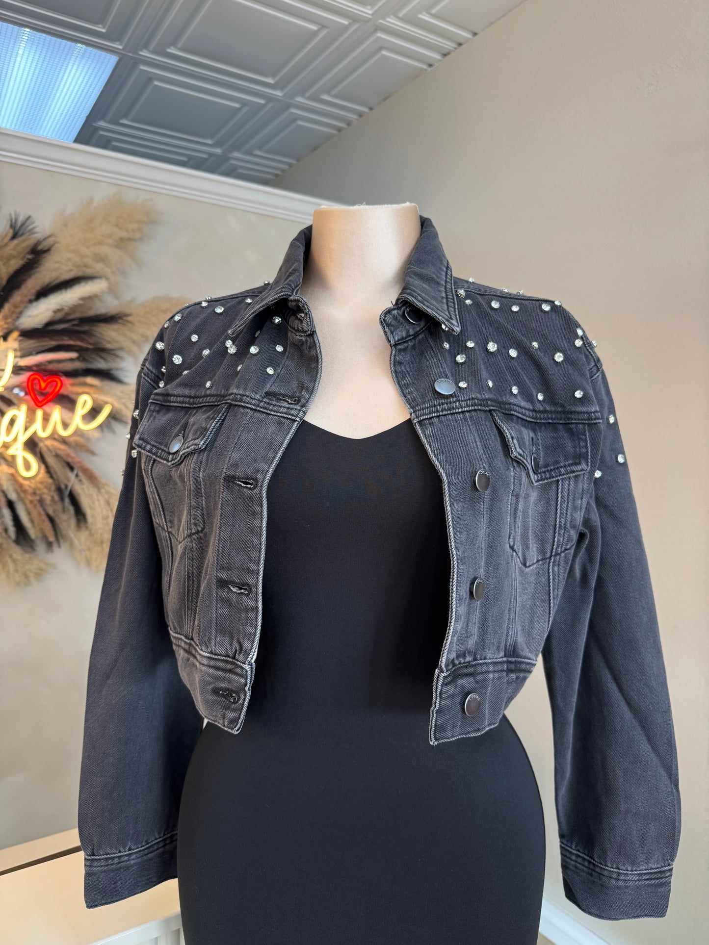 Denim rhinestone cropped jacket